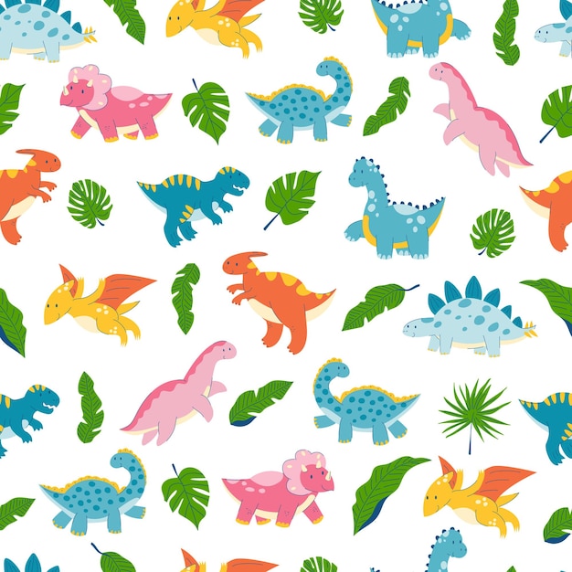 seamless pattern with cute cartoon dinosaur dinosaur reptile dragon monster flat pattern Leaves