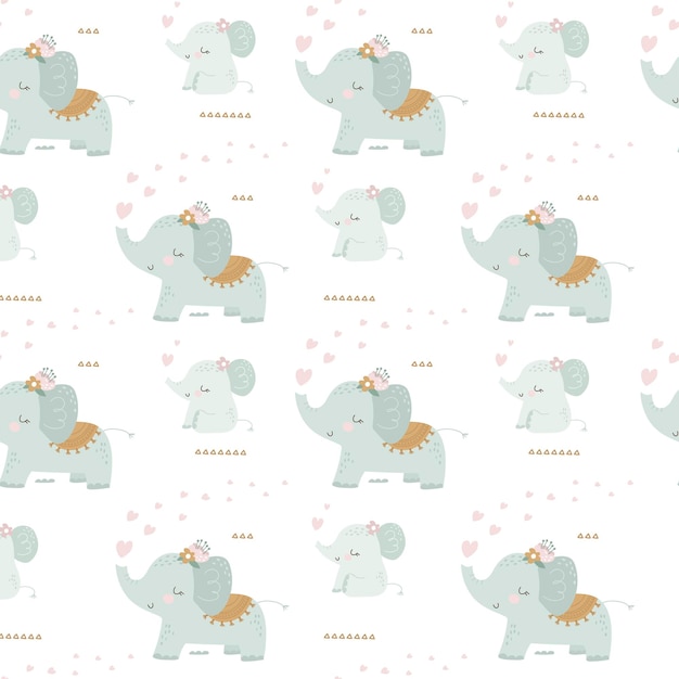 Seamless pattern with cute cartoon elephant Vector illustration