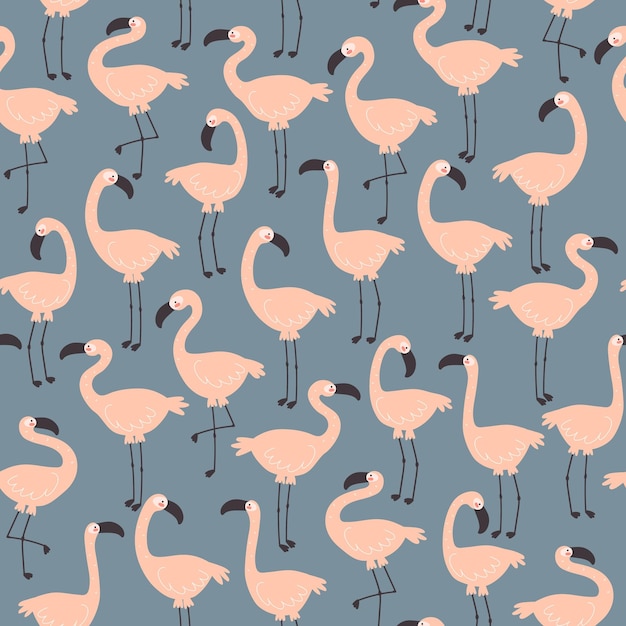 Seamless pattern with cute cartoon flamingos