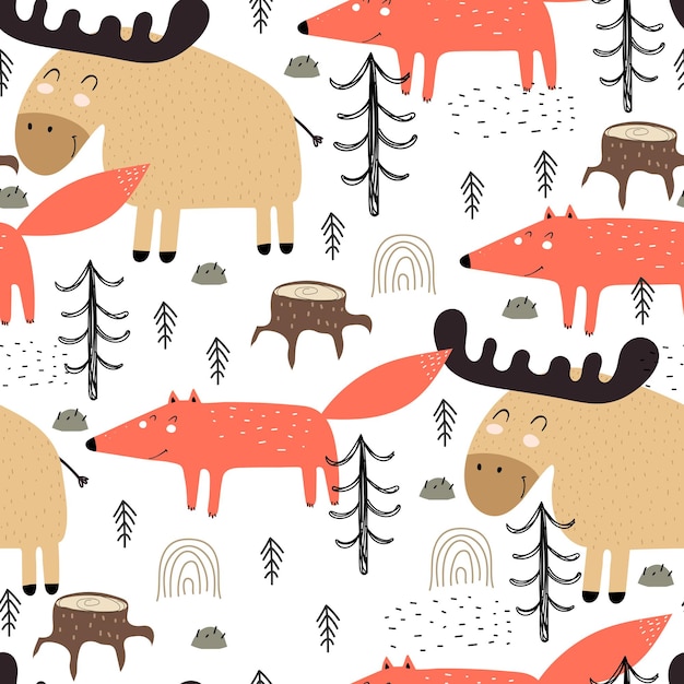 Seamless pattern with cute cartoon fox elk