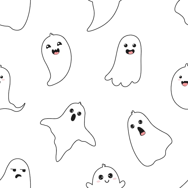 Seamless pattern with cute cartoon ghosts White ghosts Halloween illustration Background for wrapping paper greeting cards and seasonal designs