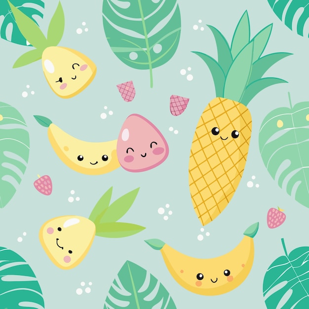 Seamless pattern with cute cartoon pineapples bananas and raspberries on light blue background