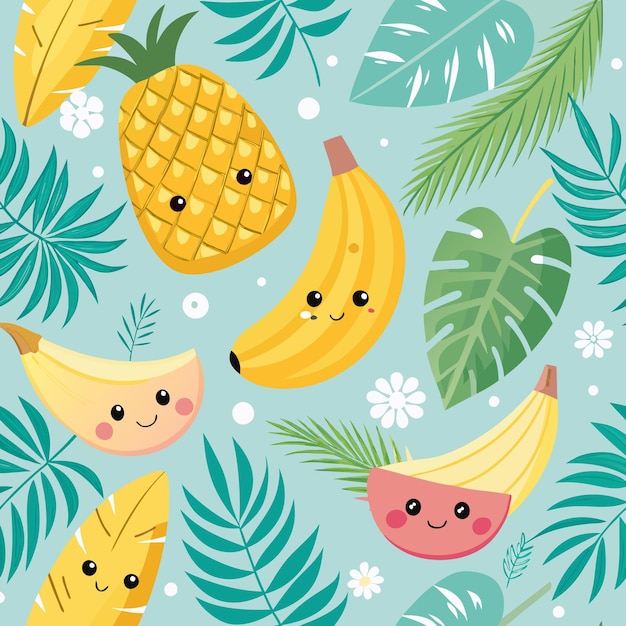 Seamless pattern with cute cartoon pineapples and bananas with leaves and flowers