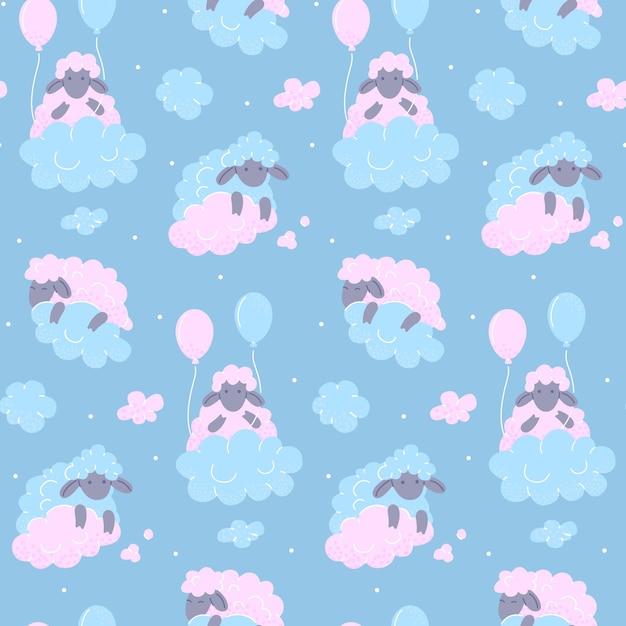 Seamless pattern with cute cartoon sheeps and clouds