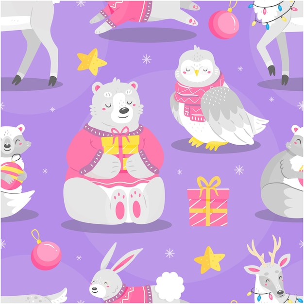 Seamless pattern with cute cartoon style Christmas animals with gifts and christmas tree toys