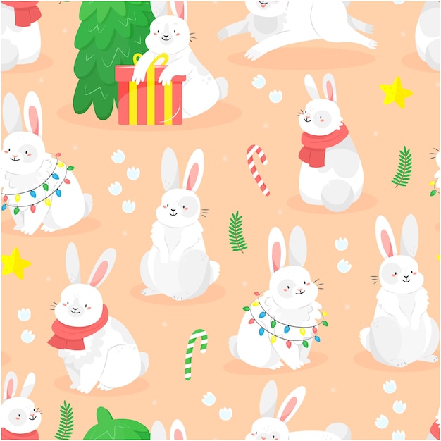 Seamless pattern with cute cartoon style Christmas rabbits with gifts lollipops christmas tree