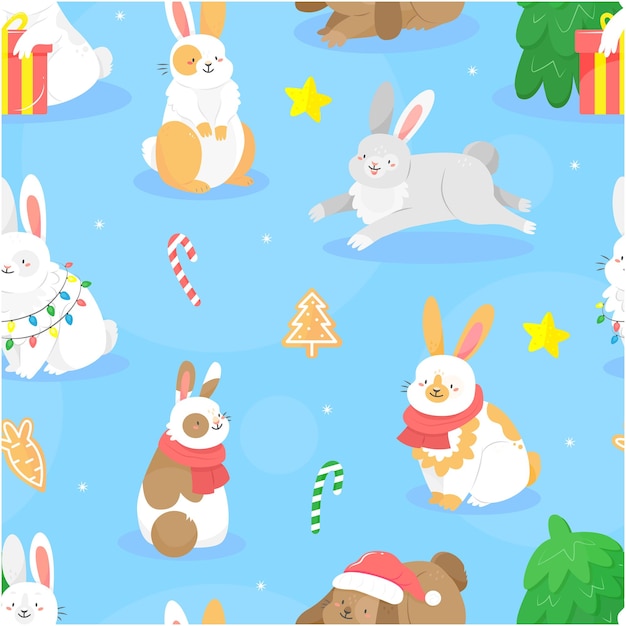 Seamless pattern with cute cartoon style Christmas rabbits with lollipops stars and gingerbread