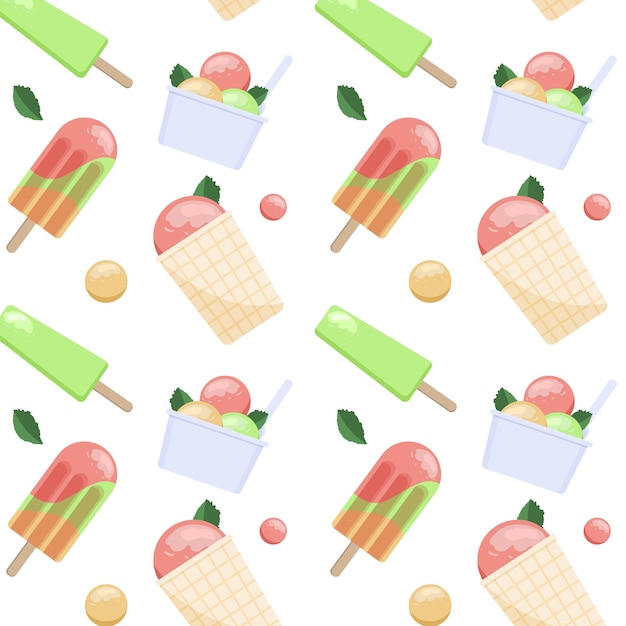 Seamless pattern with cute cartoon style ice cream. White background