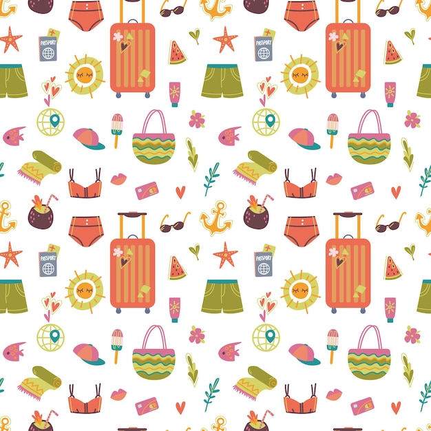 Seamless pattern with cute cartoon summer items for vacation and relaxation by the sea Suitcase