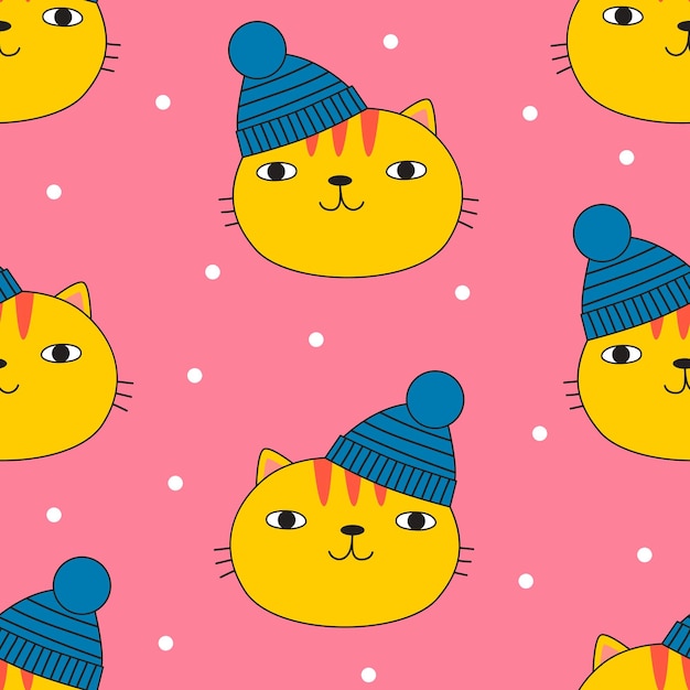 Seamless pattern with cute cat in blue winter hat. Doodle style. Vector illustration