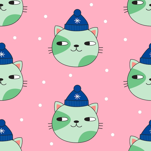 Seamless pattern with cute cat in blue winter hat. Vector illustration