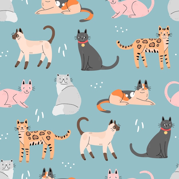 Seamless pattern with cute cats on a blue background Background with animals Vector illustration