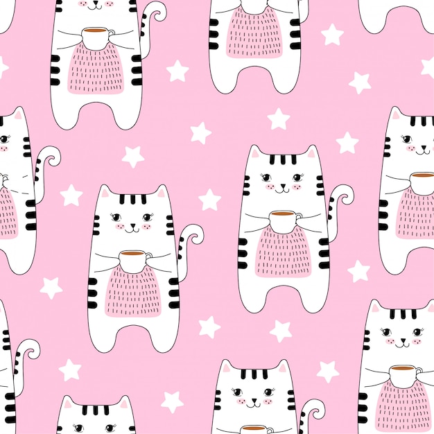 Seamless pattern with cute cats and coffee.