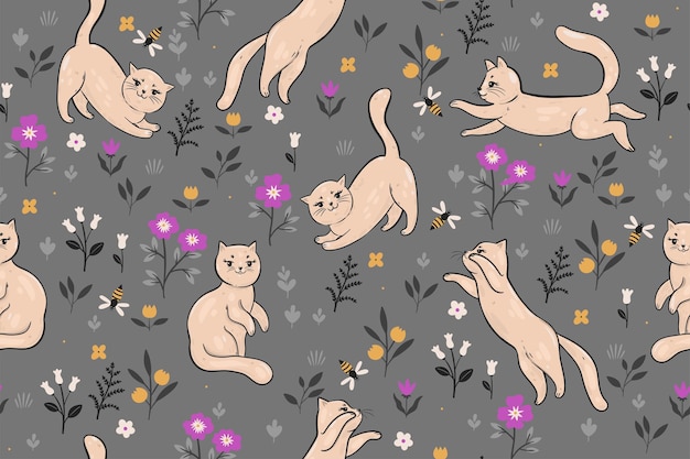 Seamless pattern with cute cats on a flower meadow Vector graphics