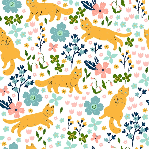 Seamless pattern with cute cats flowers and butterflies Vector graphics