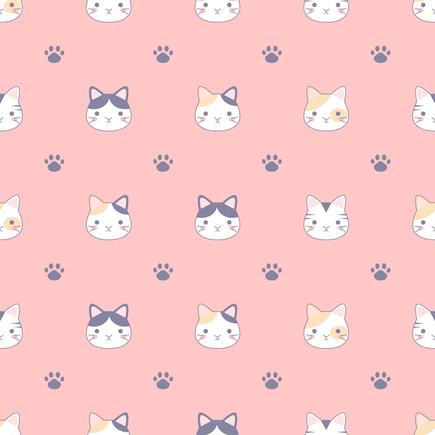 Seamless pattern with cute cats and footprint, design for fabrics, textiles, wallpaper design concept.