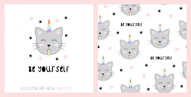 Seamless pattern with cute cats unicorn.