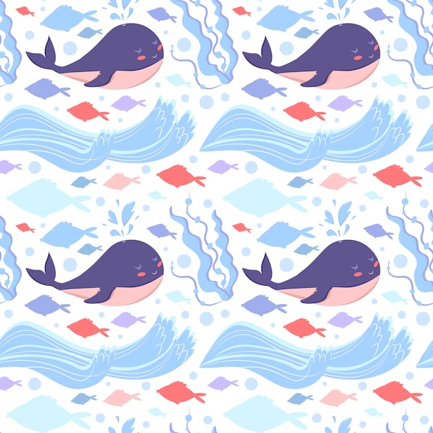 Seamless pattern with cute childish illustration Cartoon sea fishes whale seaweed sea wave