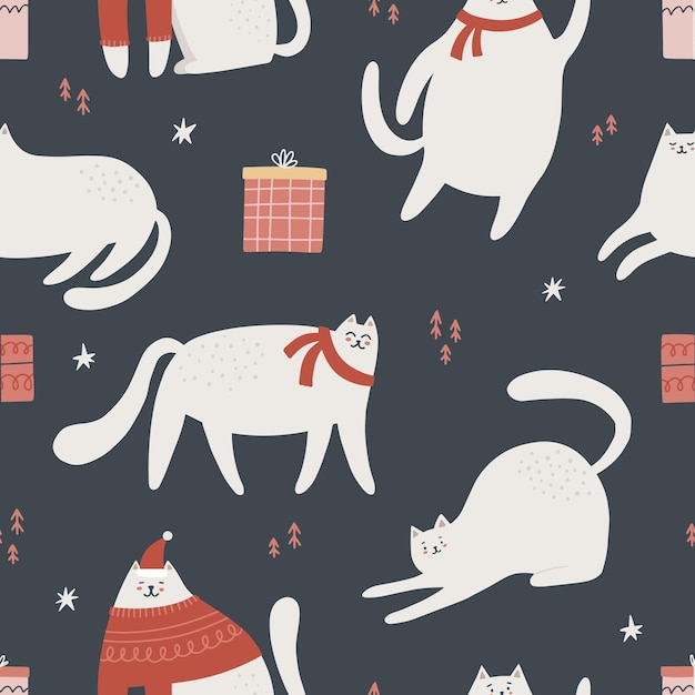 Seamless pattern with cute christmas cats. Hand drawn vector illustration for wrapping, textile