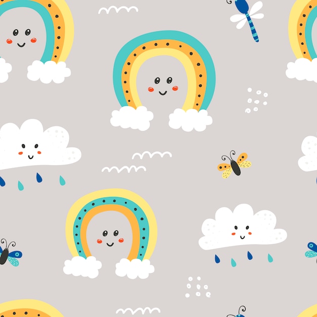 Seamless pattern with cute clouds and rainbow.