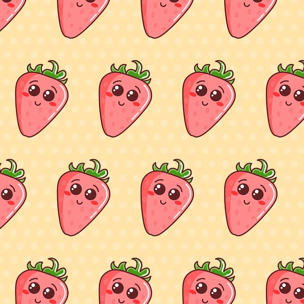 Seamless pattern with cute colorful Strawberries on polka dot background. Cartoon Strawberries.