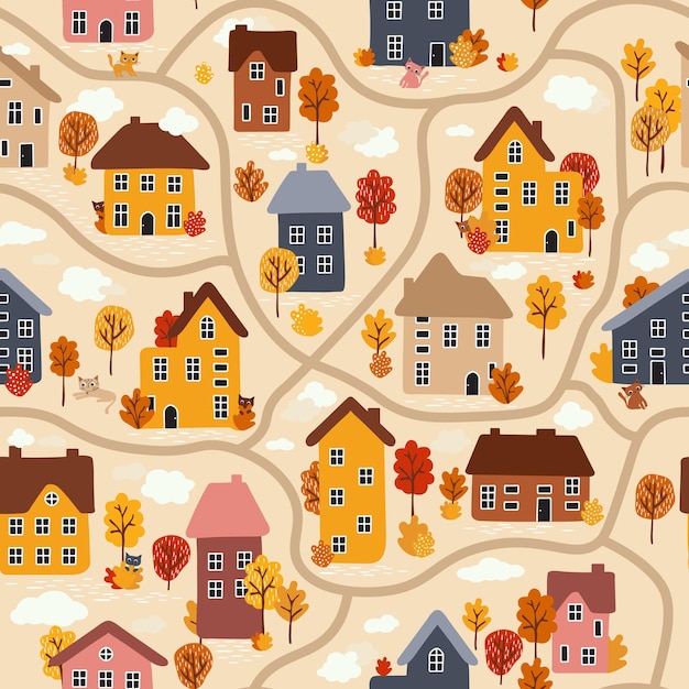 Seamless pattern with cute colorfull houses autumn trees and cloud