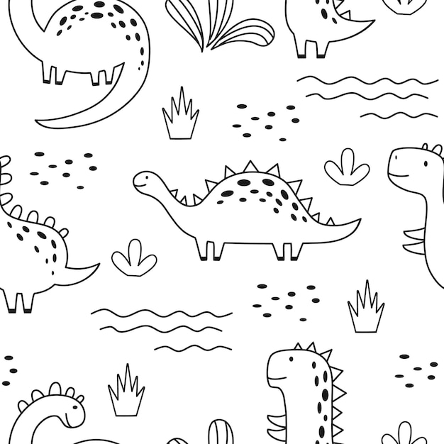 Seamless pattern with cute dinosaur in outline sketchy style Funny cartoon dino Hand drawn vector doodle for kids