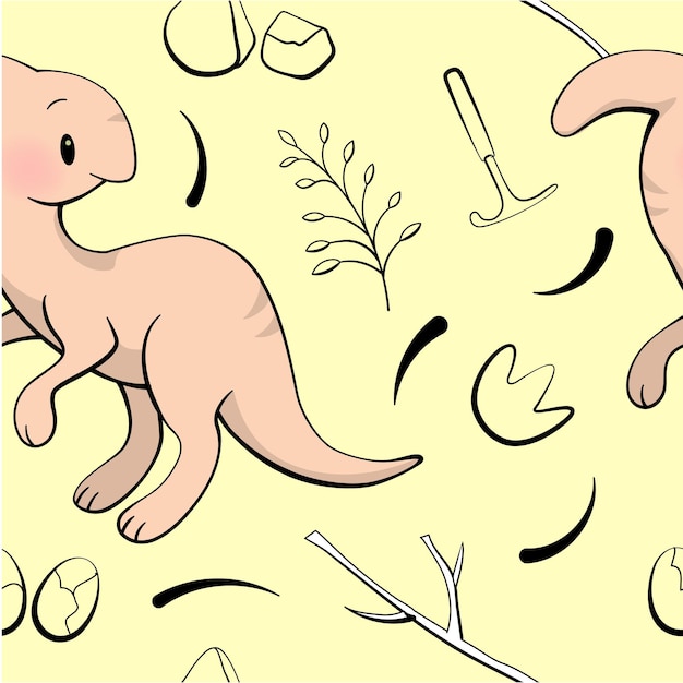 Seamless pattern with cute dinosaur parasaurolophus in kawaii style vector