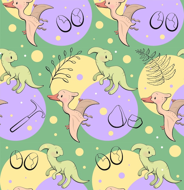 Seamless pattern with cute dinosaur parasaurolophus and pterodactyl in kawaii style vector