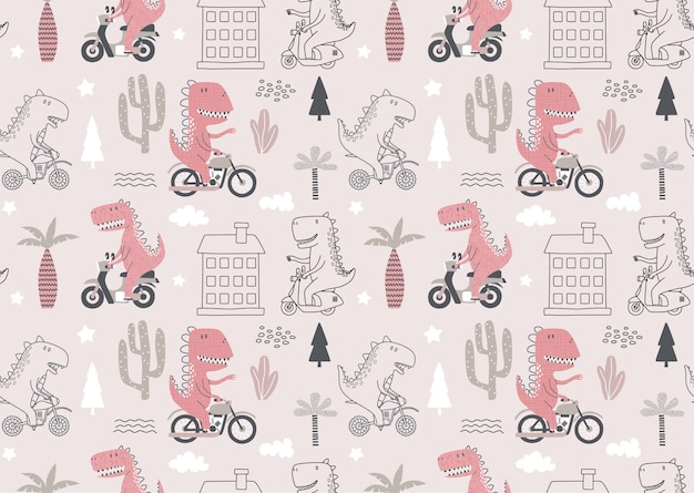 Seamless pattern with Cute dinosaur riding a motorbike.