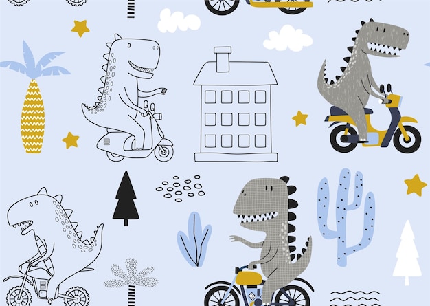 Seamless pattern with Cute dinosaur riding a motorbike.