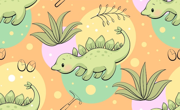 Seamless pattern with cute dinosaur stegosaurus in kawaii style vector