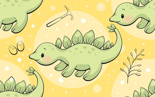 Seamless pattern with cute dinosaur stegosaurus in kawaii style vector