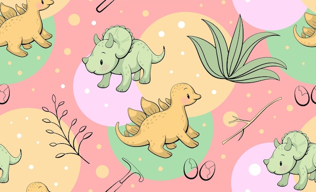 Seamless pattern with cute dinosaur stegosaurus and triceratops in kawaii style vector