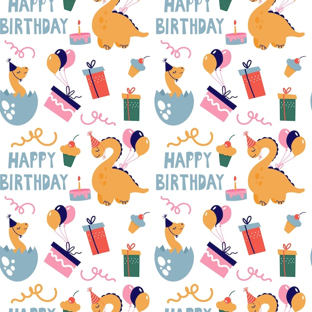 Seamless pattern with cute dinosaurs. Dinosaurs celebrate their birthday with gifts and sweets. Vector.