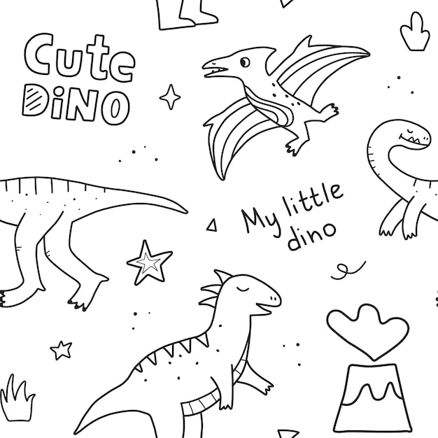 Seamless pattern with cute dinosaurs and hand lettering. Hand drawn vector doodle design for kids.