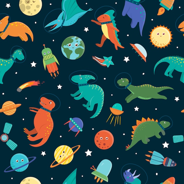  seamless pattern with cute dinosaurs in outer space. Funny flat cosmic dino characters background. Cute prehistoric reptiles illustration