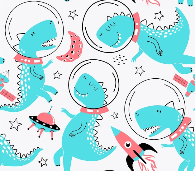 Seamless pattern with cute dinosaurs in space.