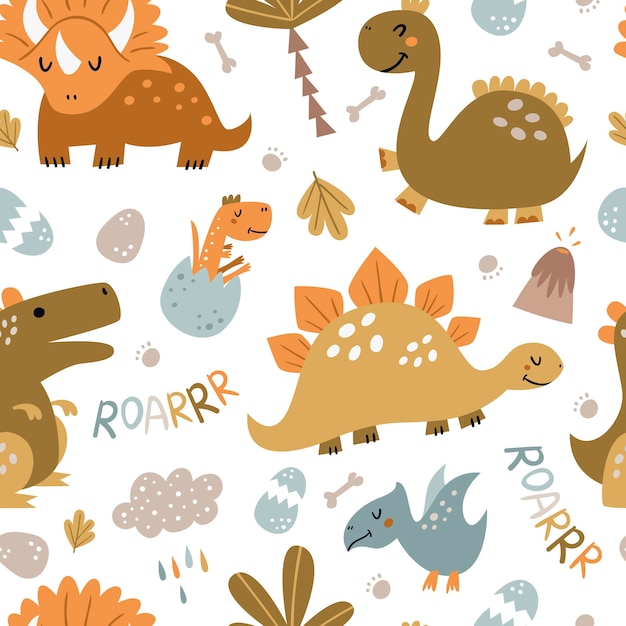 Seamless pattern with cute dinosaurs