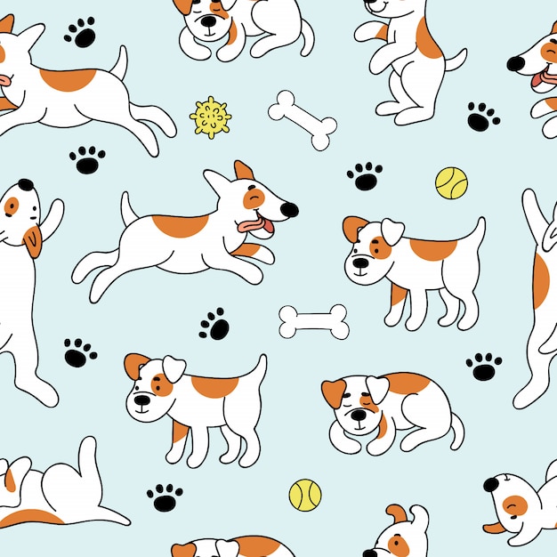 Seamless pattern with cute dogs in different poses