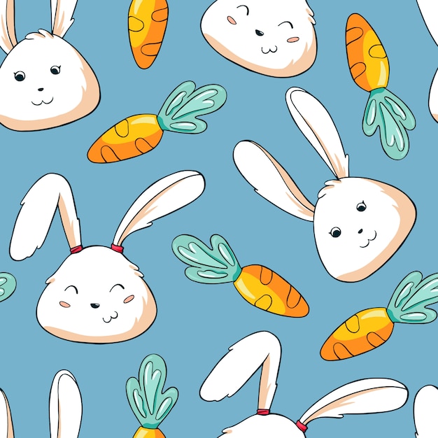 Seamless pattern with cute doodle easter rabbits and carrot