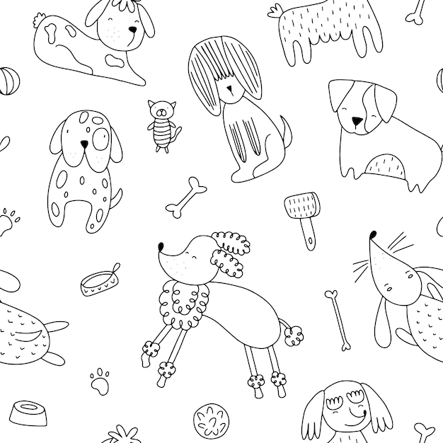 Seamless pattern with cute doodle style dogs on a white background Hand drawn vector illustration with black and white dogs