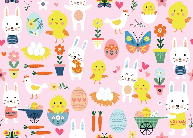 Seamless pattern with cute Easter characters