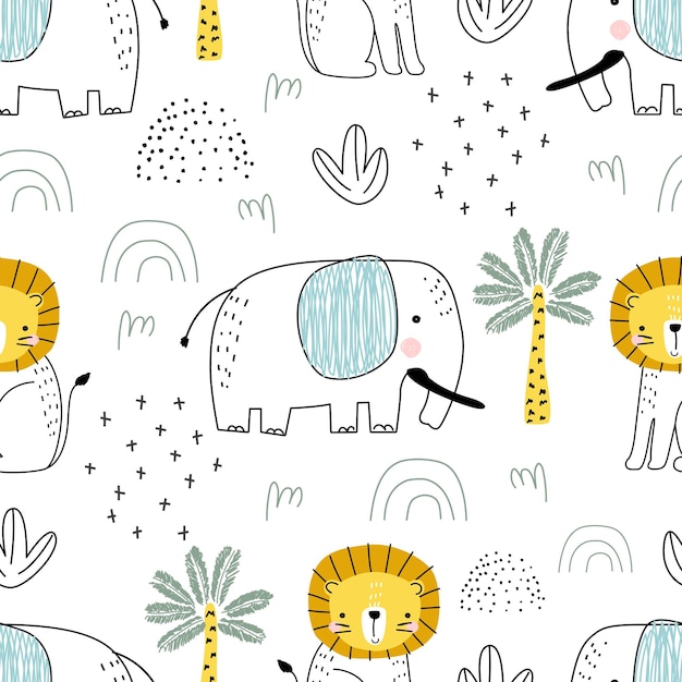 Seamless pattern with cute elephant animals and decorative elements on a white background Vector