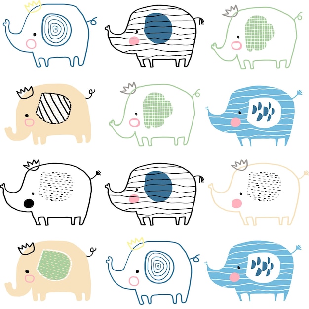 Seamless pattern with cute elephants Cute childrens background Vector hand drawn illustration