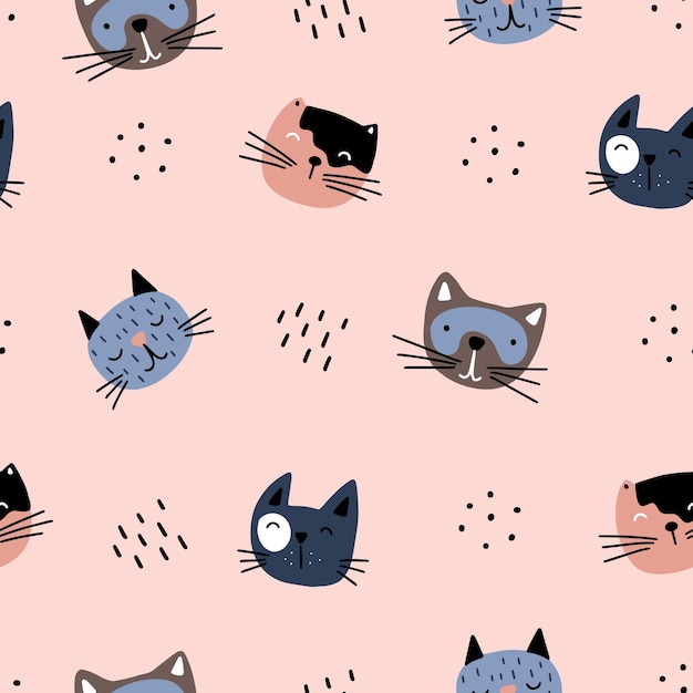 Seamless pattern with cute faces of cats Vector illustration on a pink background for your design