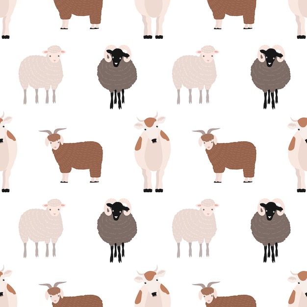 Seamless pattern with cute farm animals on white background. Backdrop with domestic livestock - cow, goat, sheep, ram. Colorful vector illustration in flat cartoon style for fabric print, wallpaper.