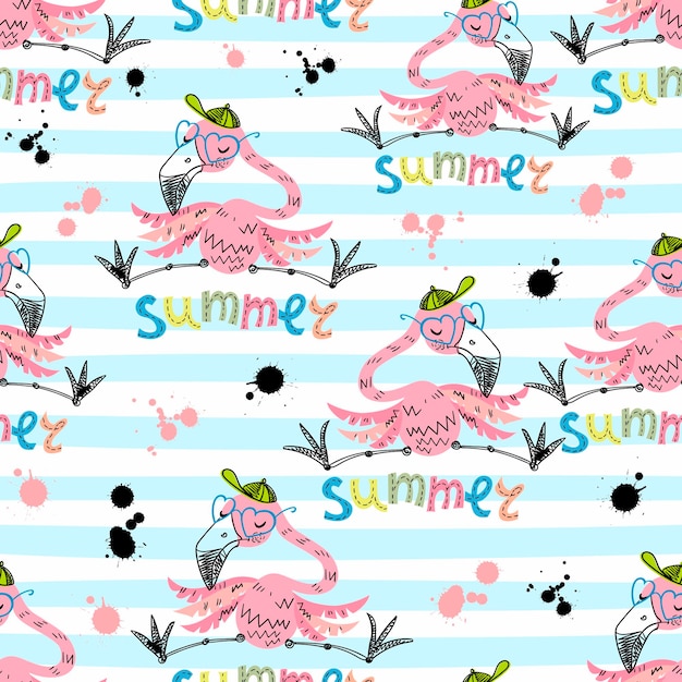 Seamless pattern with cute flamingos on striped background Summer motifs Vector