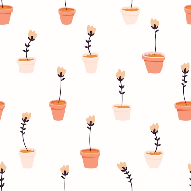 Seamless pattern with cute flower pots Home garden repeating background Hand drawn illustration