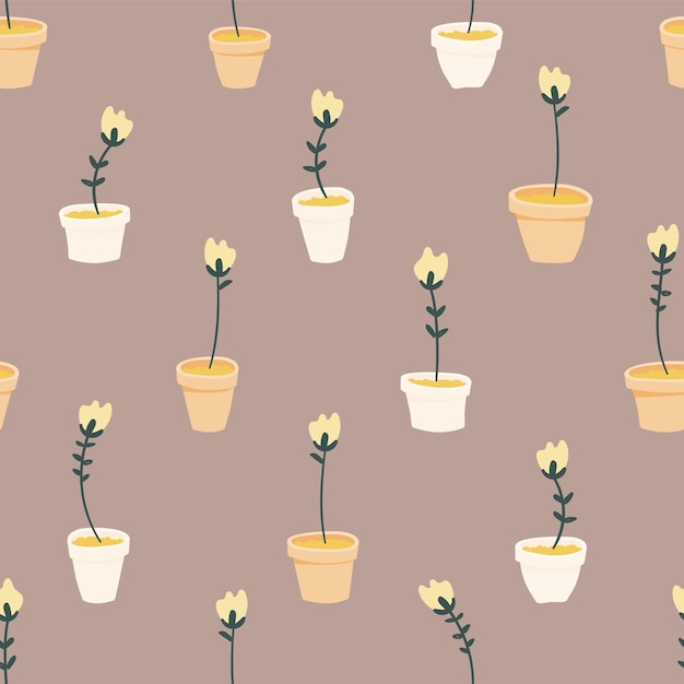 Seamless pattern with cute flower pots Home garden repeating background Hand drawn illustration